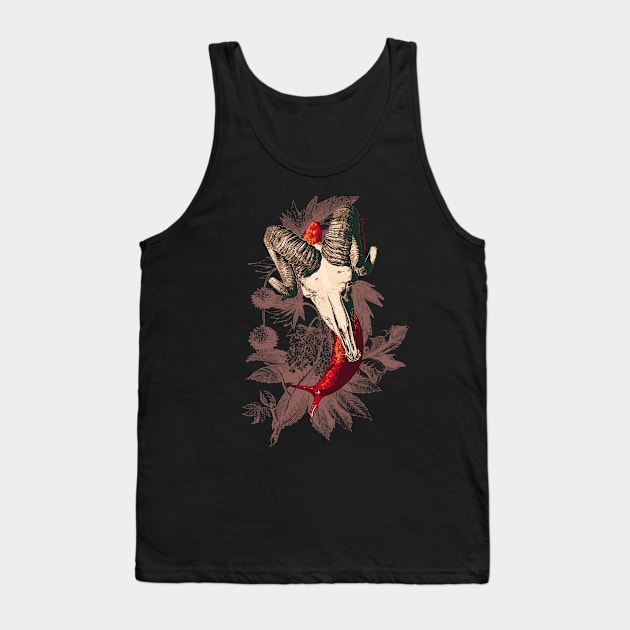 Enigmatic Escargots: Spooky Art Print Featuring Red Snail Donning Ram Skull Shell Tank Top by venglehart